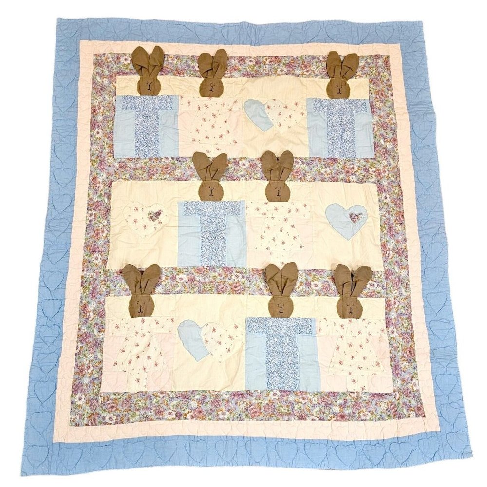 Vintage Baby Quilt Blanket Floppy Bunny Ears Hearts Blue Cream Pink Floral 44x50